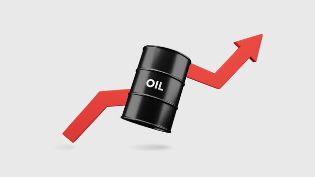 3D animation of a black crude oil barrel floating with a red upward arrow chart, Rising gasoline high prices, inflation power supply concept. Petroleum diesel fuel resource market stock global crisis.
