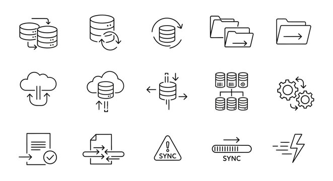 Black and white data sync icons.