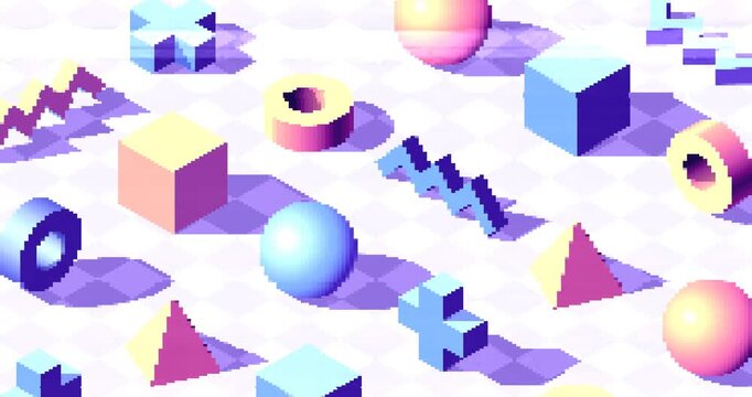 Abstract background with isometric 3D shapes on checkered floor. Minimalistic vaporwave styled pale blue and pink colors and shapes pattern for wallpaper or presentation