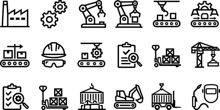 Factory automation and industrial logistics outline icon set