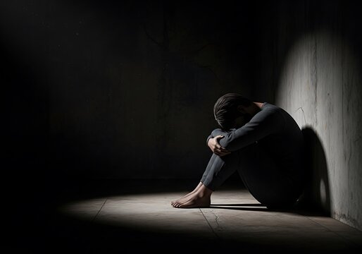 A person sits alone in a dark room, hunched over with their head in their knees, illuminated by a single spotlight, conveying feelings of sadness and despair.