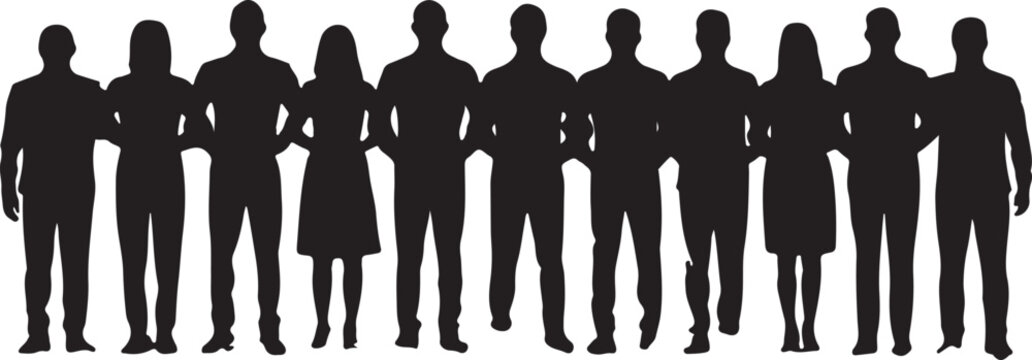 Group of people standing together in a line silhouettes facing forward
