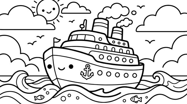 Cruise ship with sun and clouds on the sea