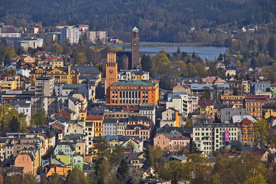 View of the town centre of Jablonec nad Nisou from the observation tower on the hill Petrin, Czech Republic, Europe
