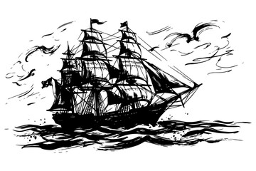 Vintage nautical ship illustration, black ink sketch of a tall sailing vessel on ocean waves, antique maritime pirate boat drawing with seagulls © Creative Wings