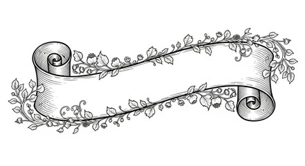 Vintage Scroll with Floral Embellishments Illustration. © arjuna davin