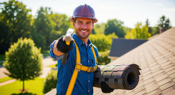 Smiling roofer in hard hat holding hammer and shingles on a house roof. Contractor wearing safety harness performs home renovation. Roofing service concept for construction marketing and ads.