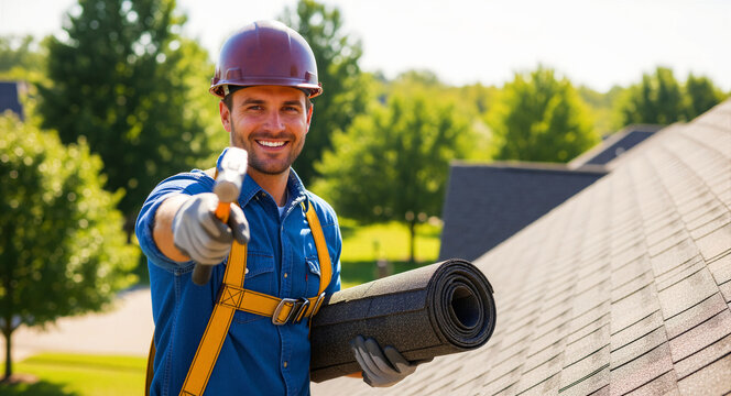 Smiling roofer in a hard hat holding a hammer on a house roof. Worker carrying roofing material while wearing a safety harness. Home renovation and repair service concept for construction marketing.