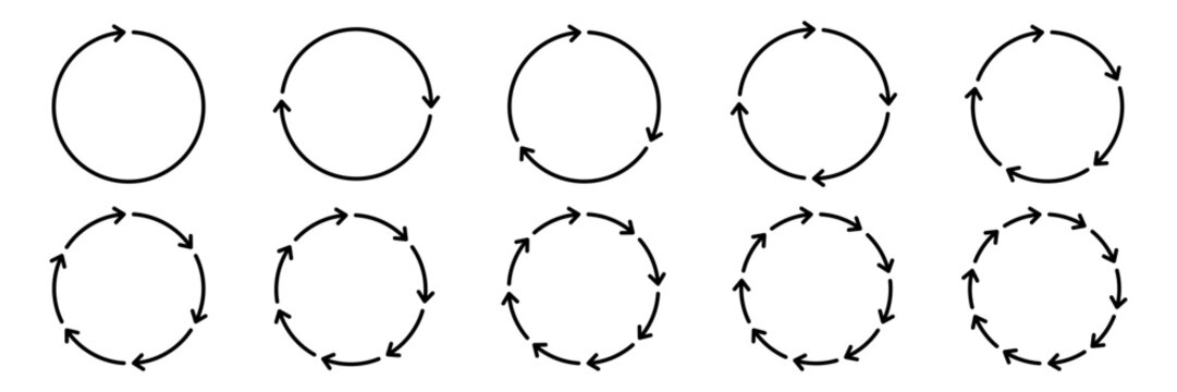 Set of circle arrows isolated on white background. Rotate and spinning symbol. Circular rotation loading element, redo process. Circle arrow 1, 2, 3, 4, 5, 6, 7, 8, 9, 10 icon set vector illustration.