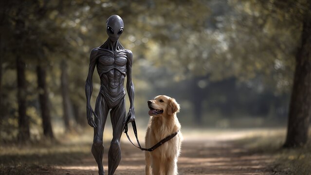 Cinematic portrait of a grey alien walking a golden retriever dog in a sunlit park, humorous science fiction lifestyle concept