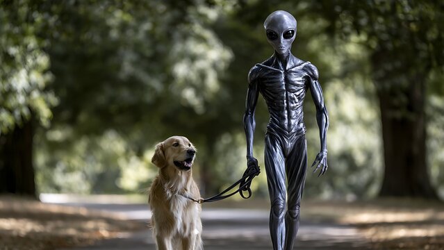 Cinematic portrait of a grey alien walking a golden retriever dog in a sunlit park, humorous science fiction lifestyle concept
