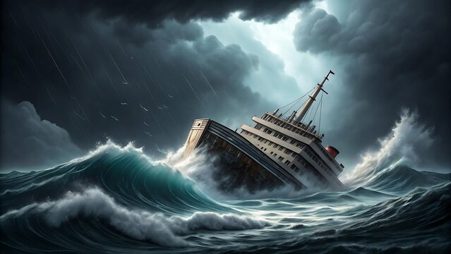 Dramatic scene of a large passenger ship sinking in a violent storm with massive waves and dark cloudy skies