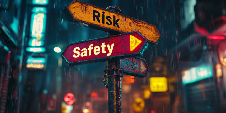 A crossroads with signs pointing toward Risk and Safety.