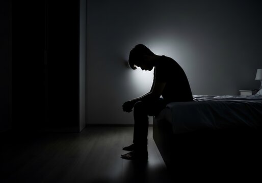 Silhouette of a sad man sitting on the edge of a bed in a dark room, head bowed in despair.