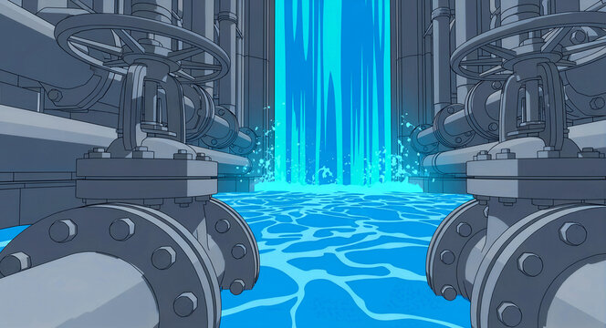 Industrial pipes with large valves framing a waterfall of blue water. Stylized illustration of a hydroelectric facility with rushing liquid. Water management and clean energy concept.