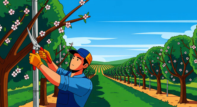 Gardener pruning flowering trees in a lush orchard. Worker using shears for spring maintenance in a row of blossoming fruit trees. Agriculture concept for farming and landscaping marketing.