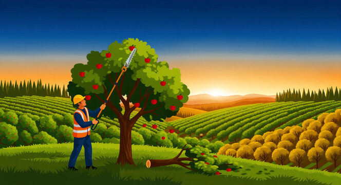 Man in safety vest pruning an apple tree with a pole saw in an orchard. Agricultural worker performing maintenance in rural farmland at sunrise. Farm management and horticulture business concept.