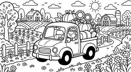 Obraz premium Coloring page with a farm truck full of pumpkins on a country road