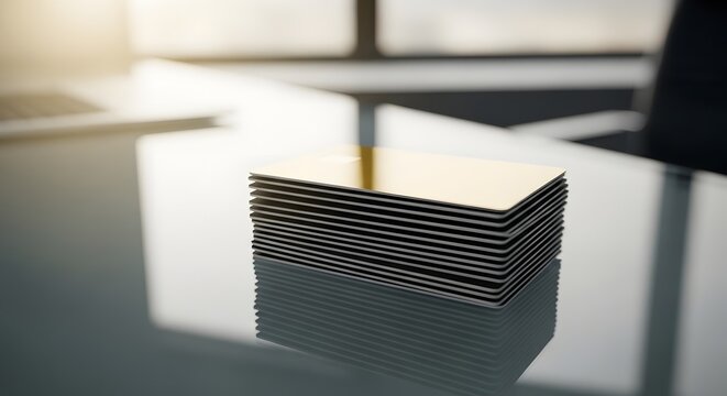 Stack of blank business cards on office table with natural light