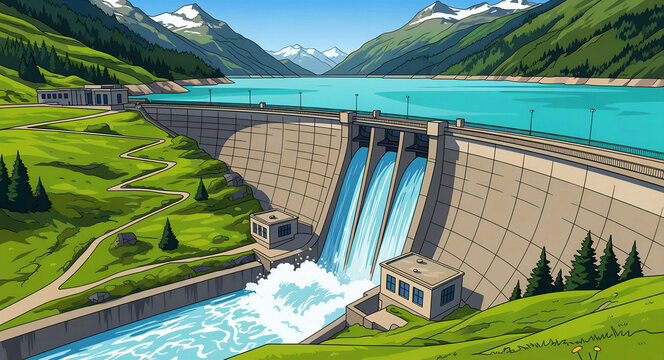Hydroelectric dam releasing water in a mountain landscape illustration. Concrete structure spans a valley with a blue reservoir. Clean energy and sustainability concept.