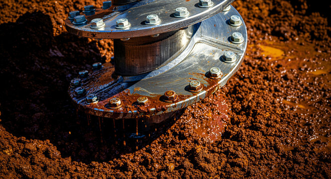 Industrial metal auger drill boring into thick red soil. Heavy machinery drilling equipment operating at a construction or mining site. Geotechnical engineering concept for foundation marketing.