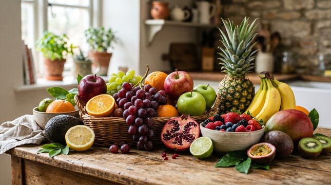 Fresh fruits on wooden table in kitchen with natural light