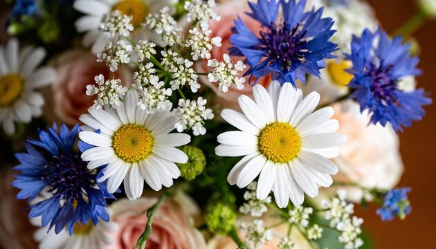 Close up of a rustic wedding bouquet with white daisies and blue cornflowers. Summer floral arrangement with pink roses and wildflowers. Country farm wedding concept