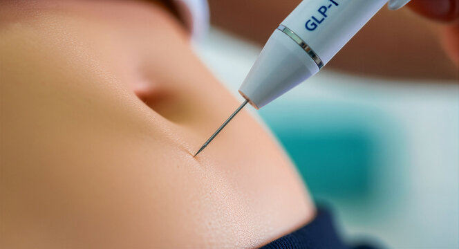 Patient injecting GLP-1 medication into the abdomen. Close-up view of needle entering skin for subcutaneous delivery. Weight loss and diabetes concept for medical and pharmaceutical marketing.