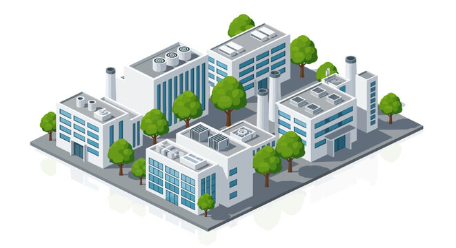 Isometric factory buildings with smokestacks and trees, representing industrial manufacturing and production