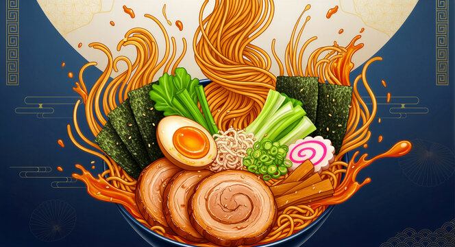 Vibrant illustration of a Japanese ramen bowl with splashing broth and swirling noodles. Detailed ingredients include chashu pork, soft-boiled egg, and nori. Ideal for Asian cuisine menu design.