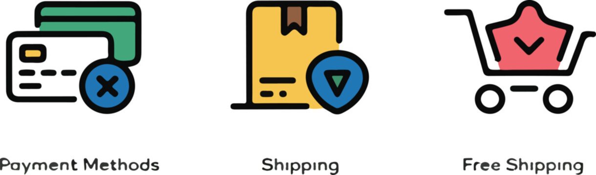 Online shopping icons for payment methods and free shipping options
