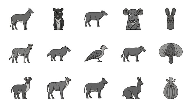 Collection of various animal silhouettes standing.