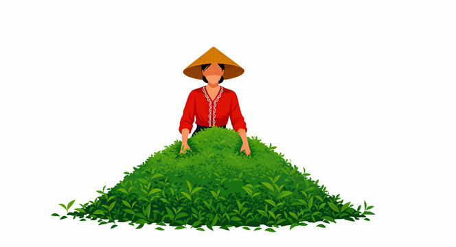 Asian female worker with a conical hat and pile of green tea leaves. Traditional laborer harvesting tea on a white background. Agriculture concept for tea production, organic farming, and marketing.