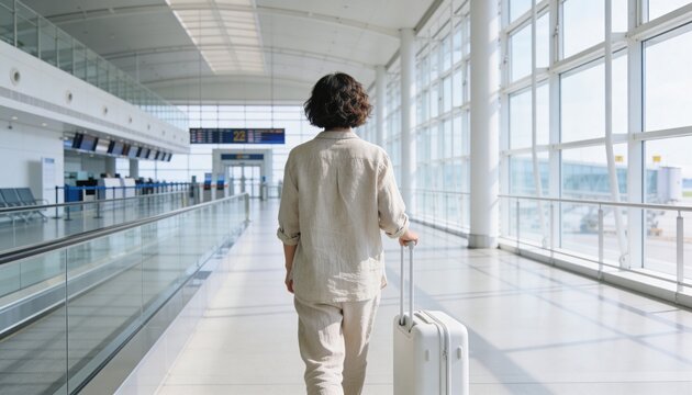Woman walking through a modern airport terminal with a white suitcase. Rear view of female traveler in a bright departure hall. Travel and vacation concept
