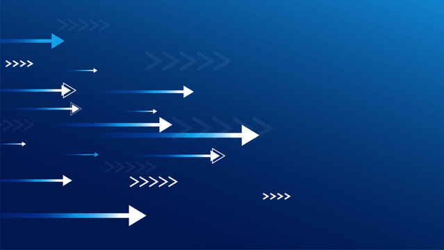 Blue arrows race across deep blue space. Direction and motion convey forward progress