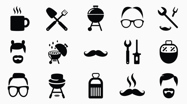 Collection of 15 black silhouette icons celebrating father's day themes including grilling mugs tools mustaches and hairstyles on a light gray grid background perfect for web