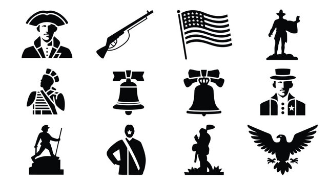 Collection of american historical and patriotic symbols including revolutionary war figures colonial leaders founding fathers liberty bell american flag eagle and musket