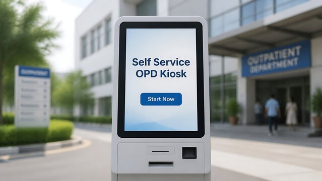 Self service OPD kiosk machine standing outside a modern hospital building for patient registration process