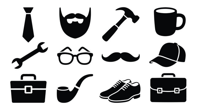 Collection of hand drawn style silhouette icons representing fatherhood masculinity and classic male attributes including ties beards tools and briefcases perfect for design