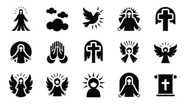 Collection of simplified christian religious icons and symbols featuring jesus angels crosses dove praying hands and clouds in a clean grid layout representing faith