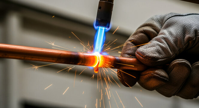 Plumber soldering copper pipe with a gas blowtorch. Technician in gloves heating the metal joint with blue flame and sparks. Professional repair service concept for plumbing and construction.