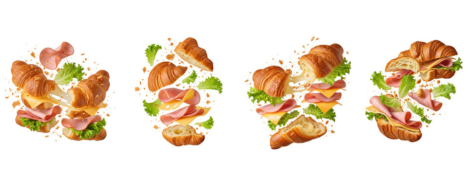 Floating croissant sandwiches with ham, cheese, and lettuce on black