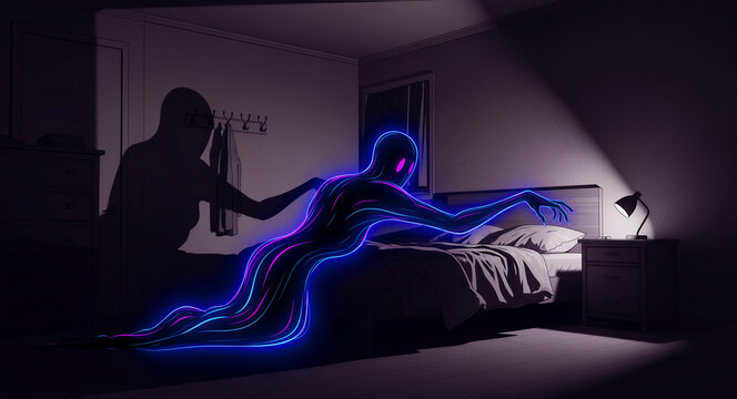 Glowing shadowy monster reaching toward a bed in a dark room. Surreal neon illustration depicting nightmares and night terrors. Sleep paralysis and fear concept for mental health or horror themes.