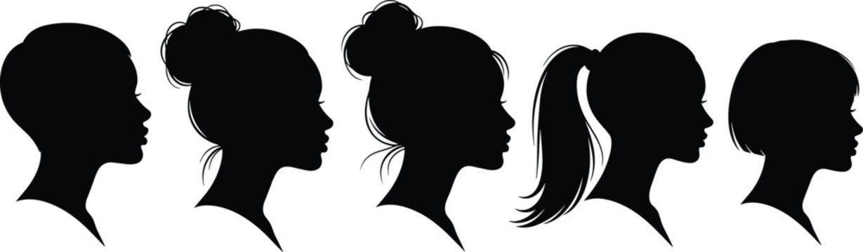Women hairstyle silhouette illustration, beauty fashion artwork, black profile vector, stylish hair design, buzz bun ponytail bob motif, grooming graphic