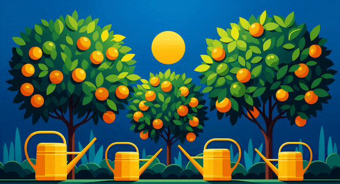 Orange trees with ripe fruit behind yellow watering cans. Flat vector illustration of a citrus orchard under a bright sun. Agriculture concept for organic farming and juice marketing.