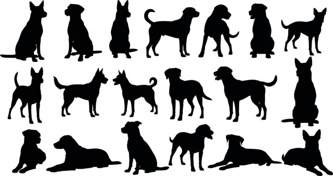 Black silhouettes of eighteen diverse dogs in various poses including sitting, standing, walking, and lying for pet, animal, and illustration design