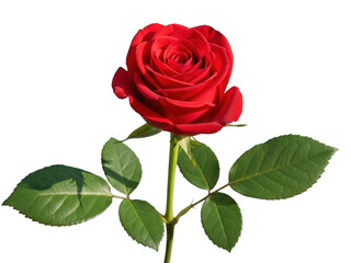 Naklejka premium Vibrant red rose with green leaves isolated on transparent background