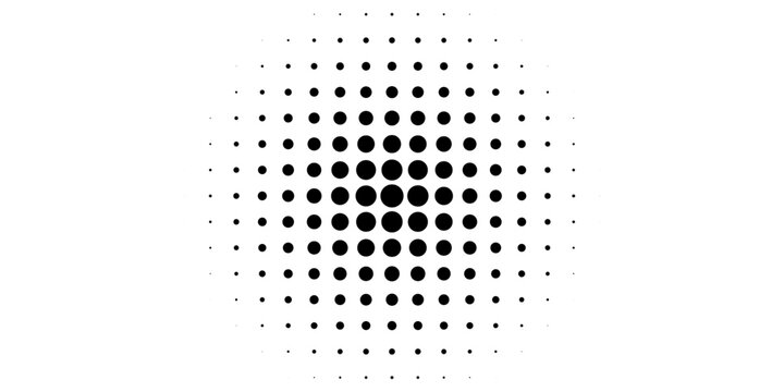 PrintSet tekstur pola gradien titik halftone yang diisolasi pada latar belakang putih. Bintik-bintik putus-putus lurus menggunakan halftone lingkaran dot raster tekstur.