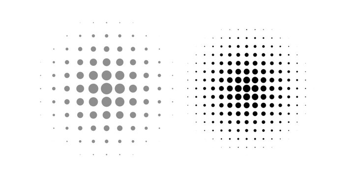 PrintSet tekstur pola gradien titik halftone yang diisolasi pada latar belakang putih. Bintik-bintik putus-putus lurus menggunakan halftone lingkaran dot raster tekstur.