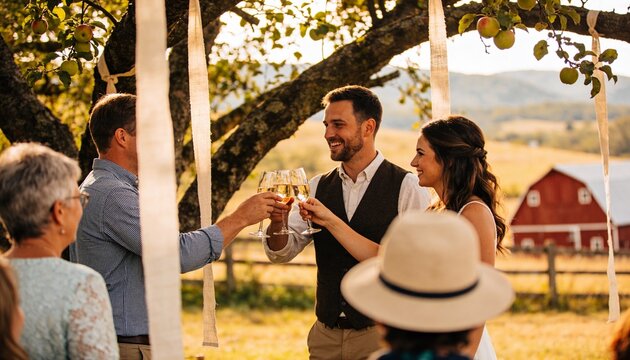 Bride and groom toasting with champagne at a rustic farm wedding. Happy couple celebrating with family and guests under a tree. Outdoor country wedding reception with a red barn in the background